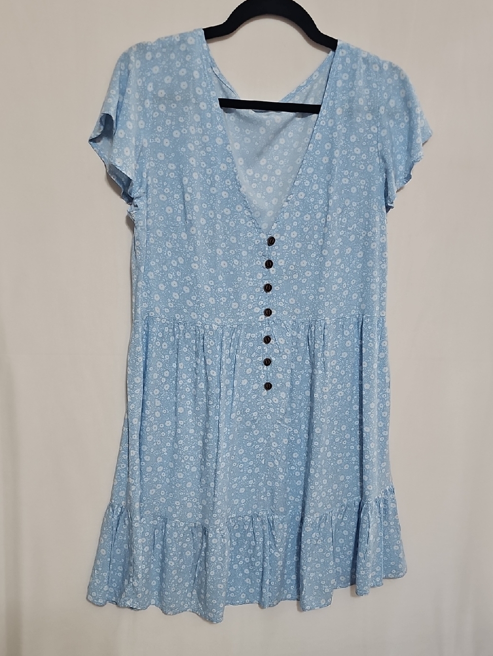 Lightweight, Babydoll, Light Blue Floral Tiered Dress Mini Large